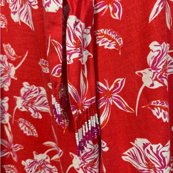 Maison d'Amelie Linen Blend Red Floral Beaded Sash Wide Leg Pant Women's Large - Picture 4 of 10
